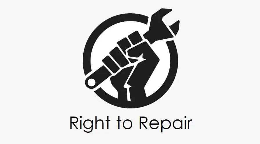 A black and white graphic showing the Right to Repair logo. It features a fist holding a spanner inside a circle, with the text "Right to Repair" written below.